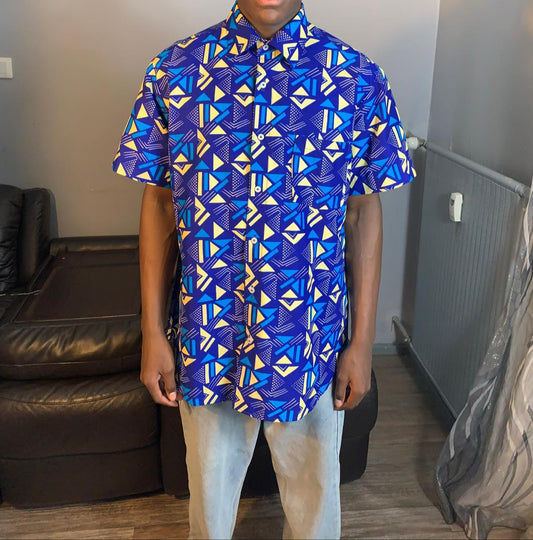 Chemise Homme Wax Africain 100%Coton Avec Col Motif Bogolan Ankara