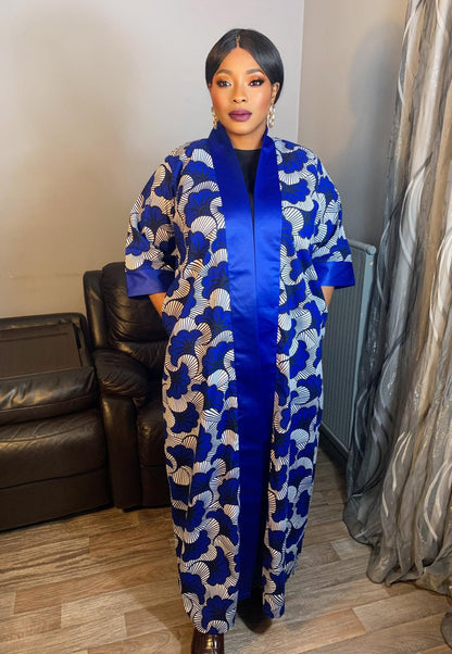 Kimono wax et duchesse Long Bleu. Wax Motif Fleurs de Mariages Caftan, Kaftan