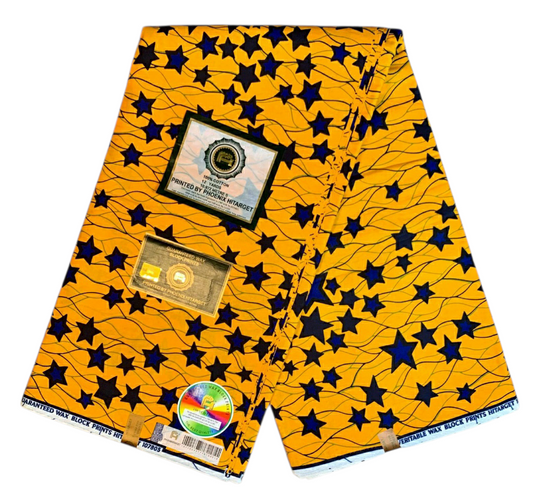 Tissus Wax Africain Ankara  1 à 12 yards Wax Hitarget   Étoilé Jaune Bleu 100% Coton