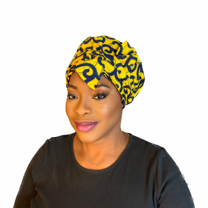 Bonnet Satin en Turban Jaune Bleu | Turban en Wax avec Doublure Satin