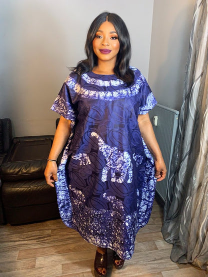 Robe Bazin Batik Style Bohème Robe à Motifs.  Motifs : Afrique Palmier Bleu Marine