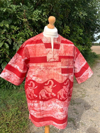 Mixed Batik Safari Animal Pattern Cotton Shirt - Yellow Red