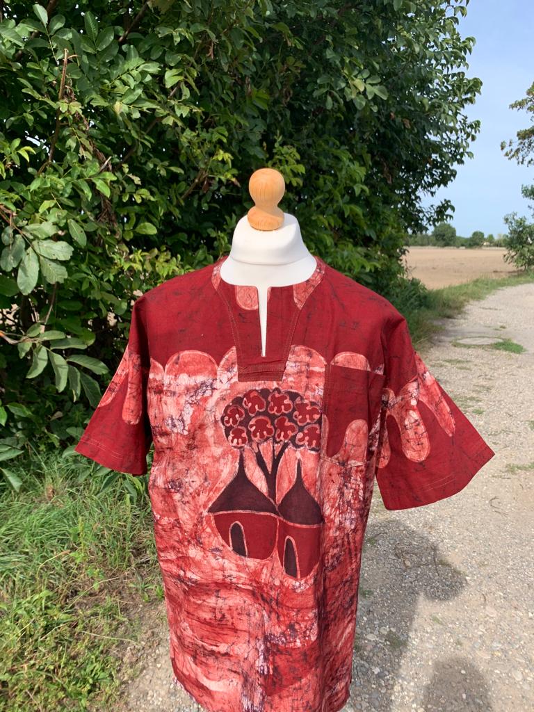 Chemise Mixte Batik Motif Animaux Safari en Coton - Rouge Bordeaux