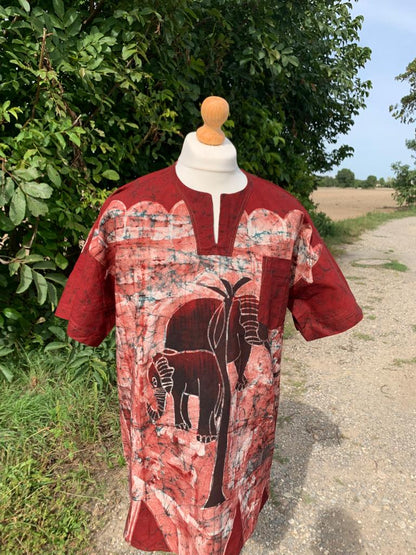 Chemise Mixte, Batik, Bordeaux, Manches Courtes, Unies, Motif Maman Éléphants .