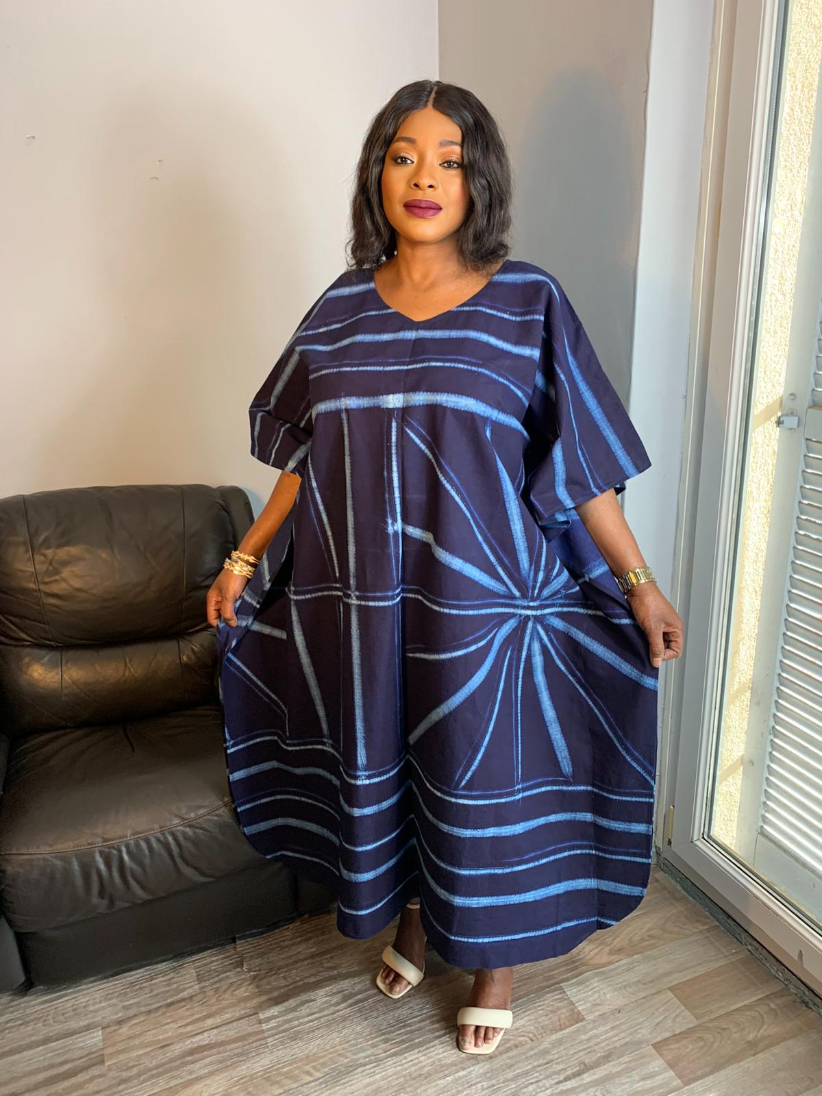 Robe Indigo Longue Bleu Adire Tye And Dye