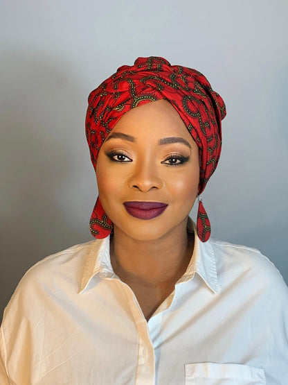 Ensemble Boucles d'Oreilles et Bonnet Satin en Wax Rouge | Turban en Wax avec Doublure Satin Lined hair.