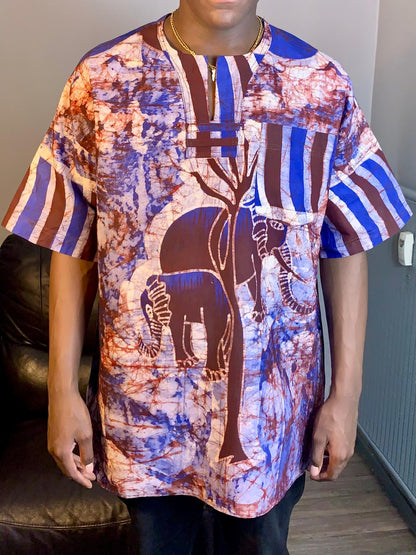 Chemise Mixte Batik Motif Animaux Safari en Coton - Éléphant Bleu