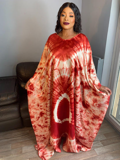 Boubou en Soie Adiré Caftan Bordeaux - Robe Longue Soie Tie and Dye Adire Silk Batik