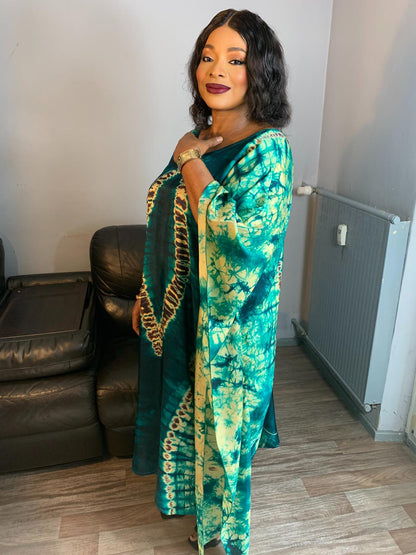 Boubou en Soie Adiré Caftan Vert - Robe Longue Soie Tie and Dye Adire Silk Batik