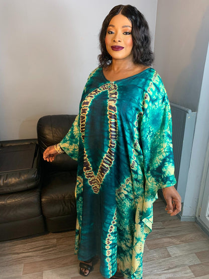 Boubou en Soie Adiré Caftan Vert - Robe Longue Soie Tie and Dye Adire Silk Batik