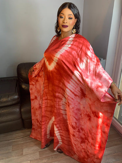 Boubou en Soie Adiré Caftan Rouge - Robe Longue Soie Tie and Dye Adire Silk Batik