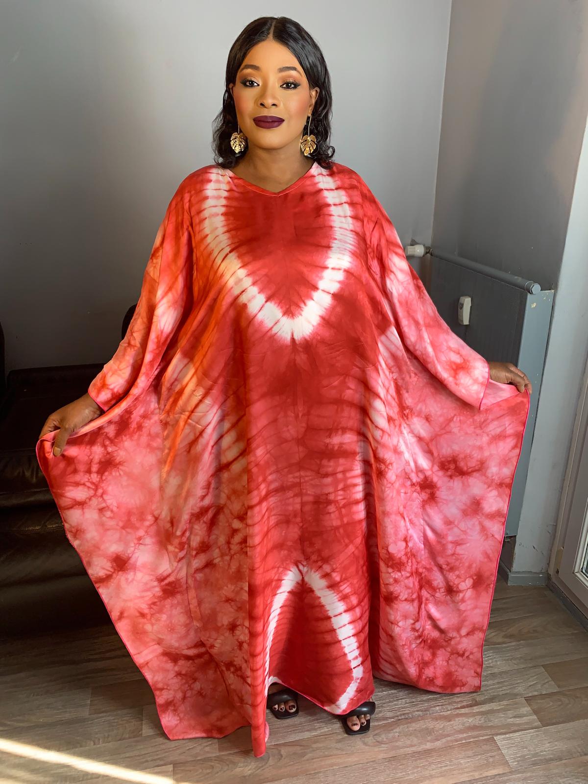 Boubou en Soie Adiré Caftan Rouge - Robe Longue Soie Tie and Dye Adire Silk Batik