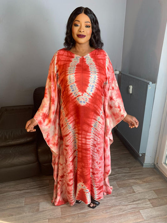 Seiden-Boubou-Adiré-Kaftan Rot-Weiß – Langes Seidenkleid zum Binden und Färben Adire-Seiden-Batik