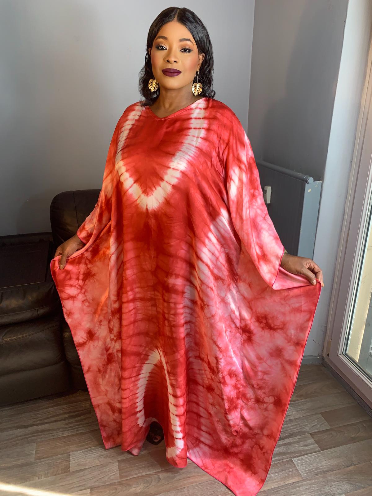 Boubou en Soie Adiré Caftan Rouge - Robe Longue Soie Tie and Dye Adire Silk Batik