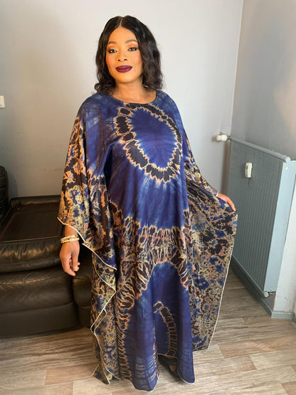 Boubou en Soie Adiré Caftan Bleu - Robe Longue Soie Tie and Dye Adire Silk Batik