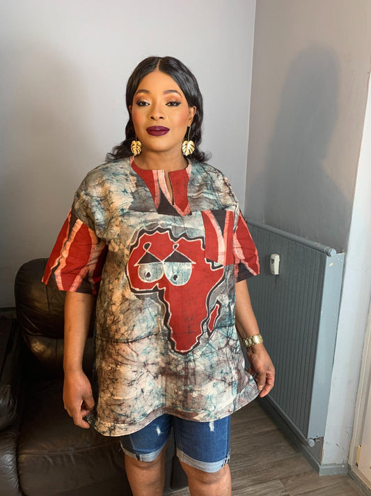 Gemischtes Batik-Shirt mit Safari-Tiermuster aus Baumwolle - Afrika und Etui Tata Samba Bordeaux