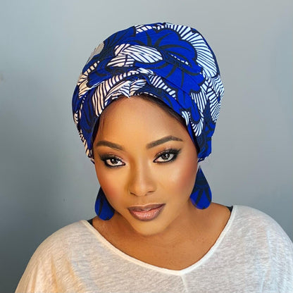 Ensemble Boucles d'Oreilles et Bonnet Satin en Wax Bleu | Turban en Wax avec Doublure Satin Lined hair