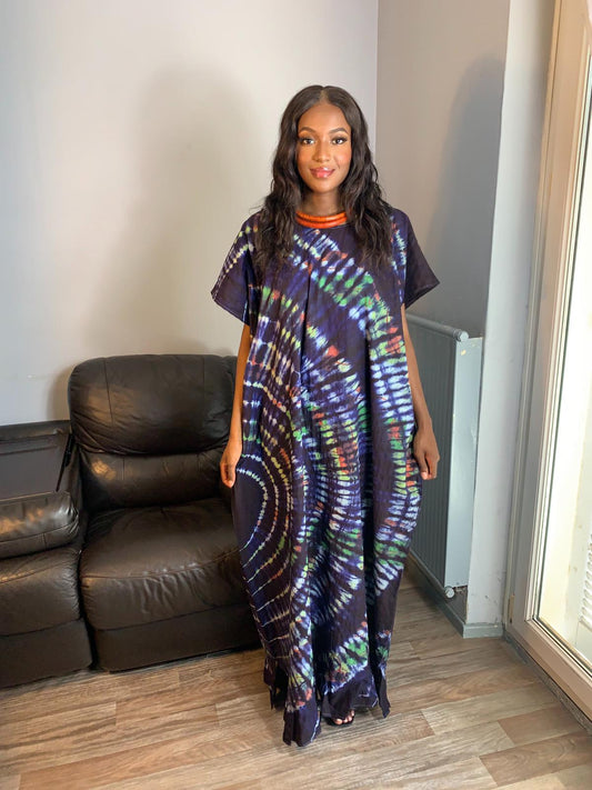 Robe Bleu Indigo Multicolore Tye and Dye 100% coton