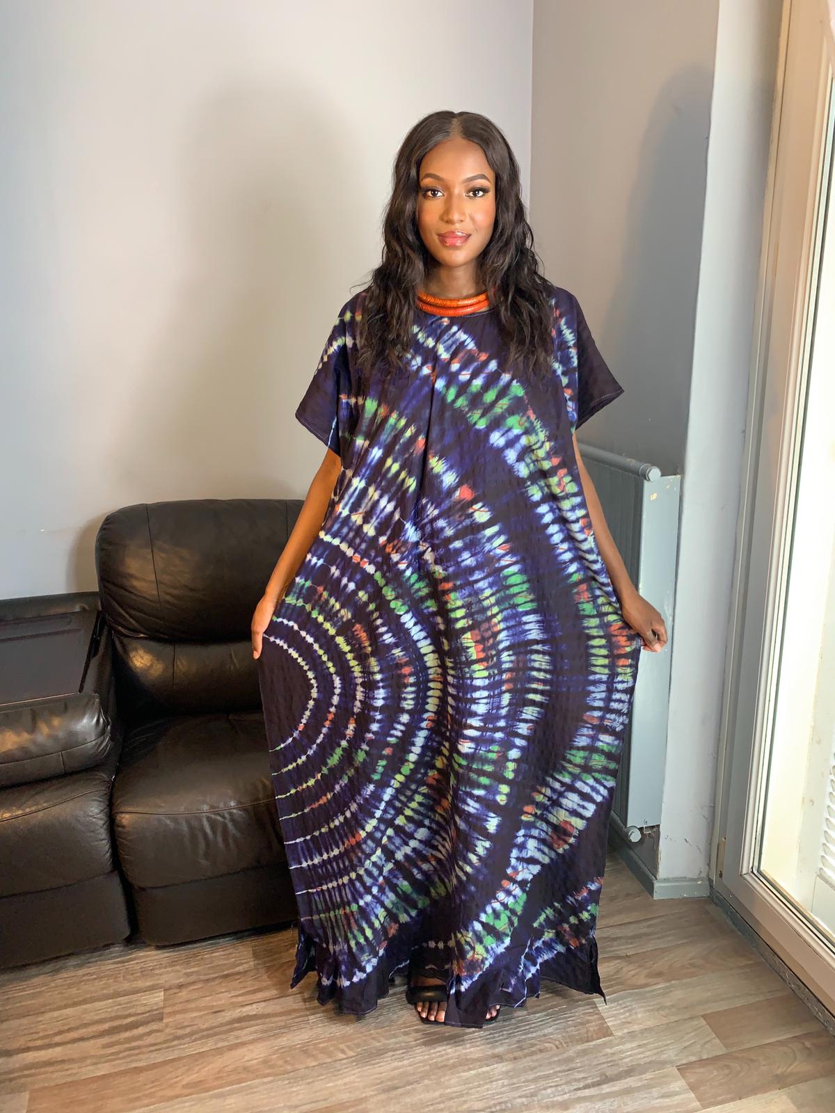 Robe Bleu Indigo Multicolore Tye and Dye 100% coton