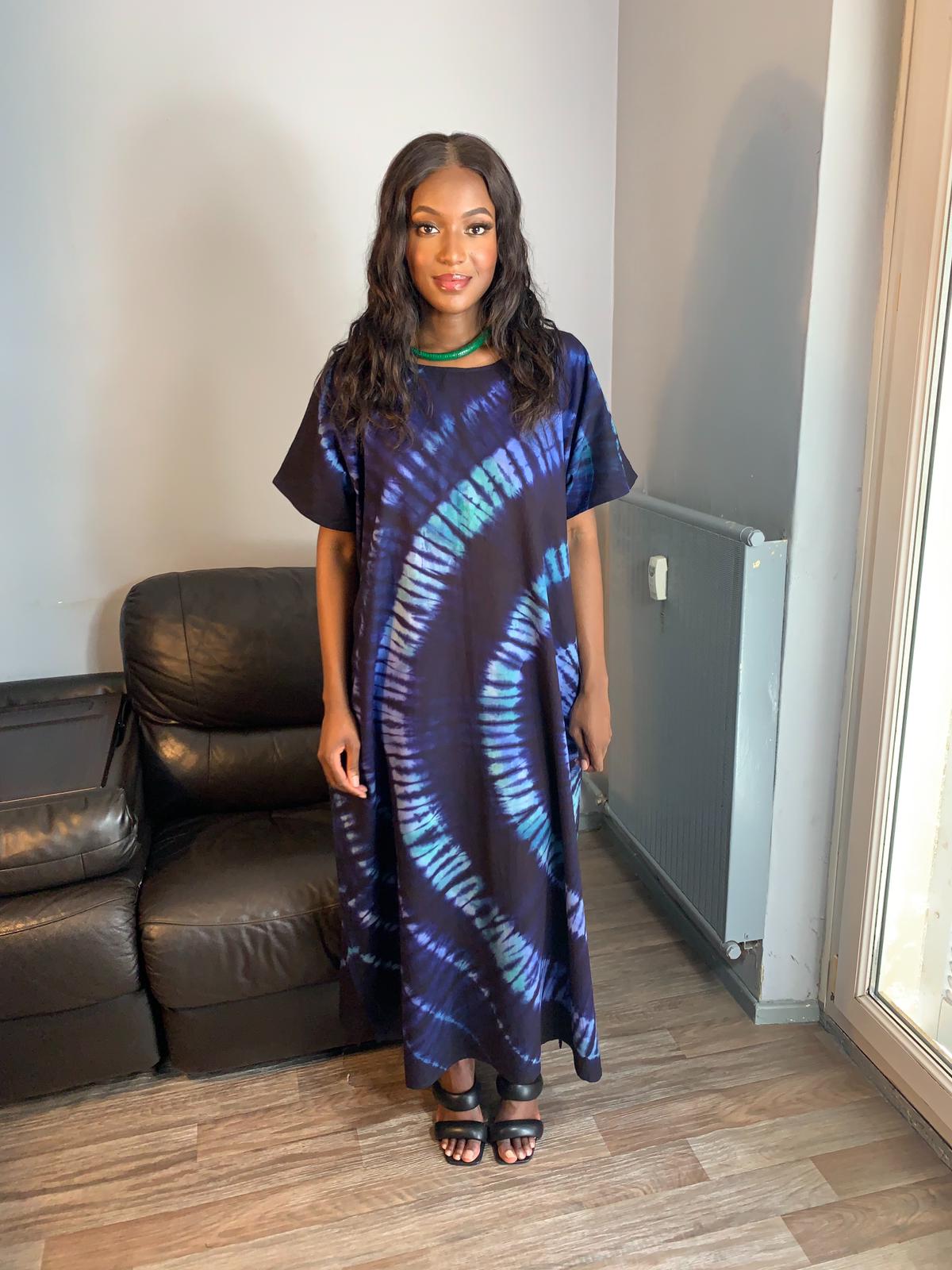 Robe Bleu Indigo Vert Tye and Dye 100% coton