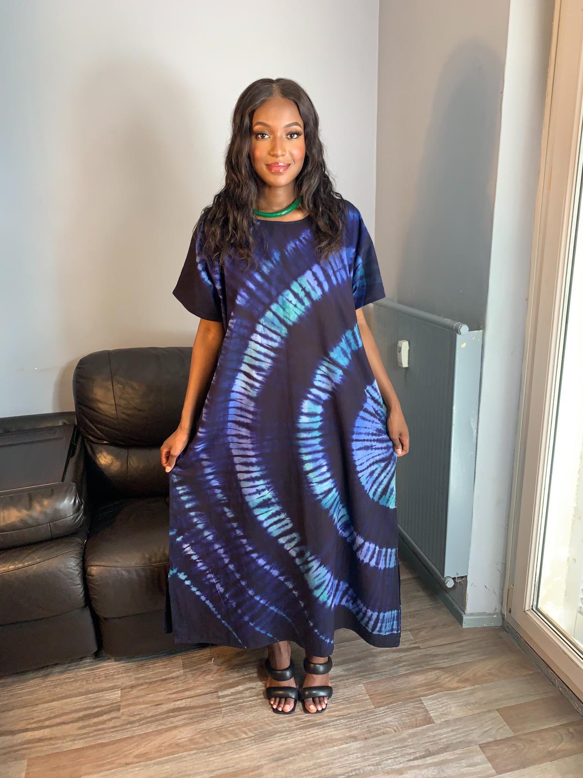 Robe Bleu Indigo Vert Tye and Dye 100% coton