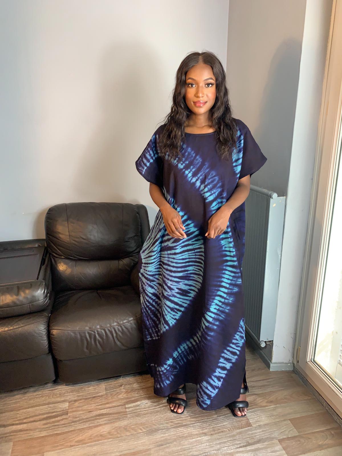 Robe Bleu Indigo Vert Tye and Dye 100% coton