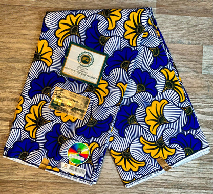 Tissus Wax Africain 100% Coton Ankara 6 yard  et 12 yards Wax Hitarget Authentique Motif : Fleur de mariage bleu blanc et jaune