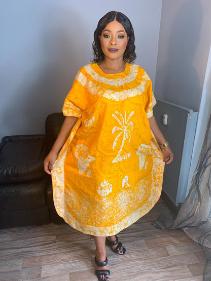 Robe Bazin Batik Style Bohème Jaune.  Robe à motifs, design , motif: Palmiers, Afrique L'art 100% Coton Très Doux