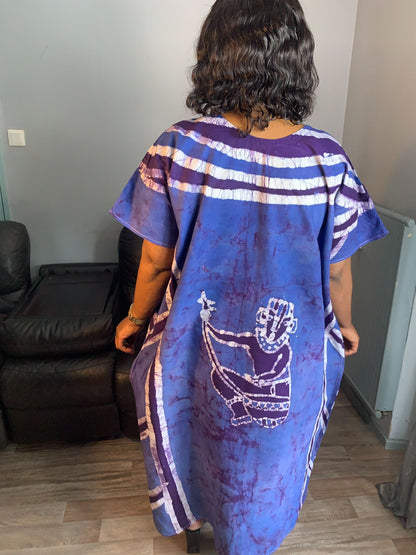 Robe  Batik Bleu tye and dye Artistique Design, motif guitare, coton.