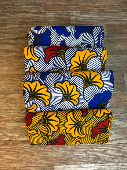 Tissus Wax Africain 100% Coton Ankara 6 yard  et 12 yards Wax Hitarget Authentique Motif : Fleur de mariage bleu blanc et jaune