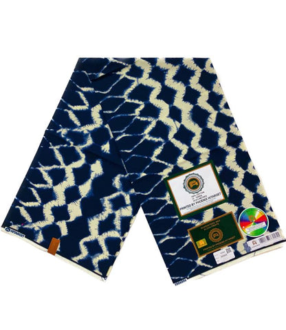 Tissus Wax Africain 100% Coton  couleur Ecru bleu marine Design Yoruba, 6 yards Wax Hitarget Authentique à motif: Vieux Indigo