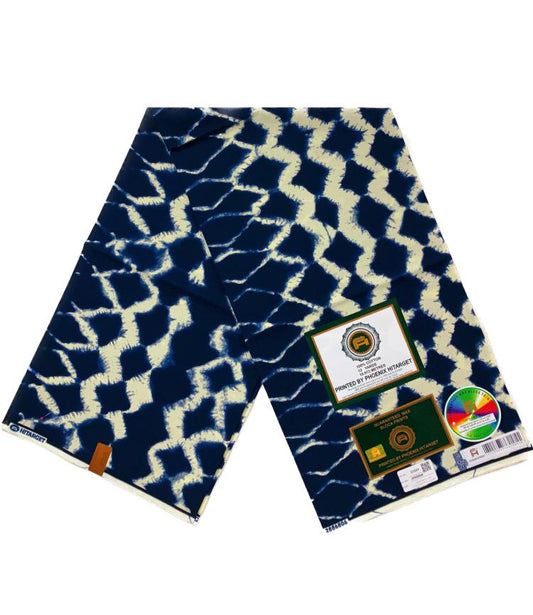 Tissus Wax Africain 100% Coton  couleur Ecru bleu marine Design Yoruba, 6 yards Wax Hitarget Authentique à motif: Vieux Indigo