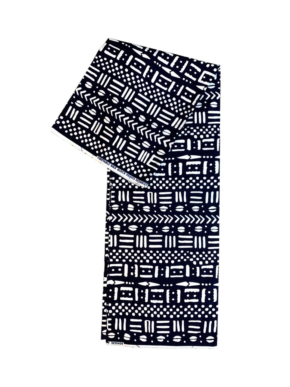 Tissus Wax Africain 100% Coton Ankara 6 Yards  blanc,et Noir Design Ethnique,   Wax Hitarget Authentique  Motif : Bogolan