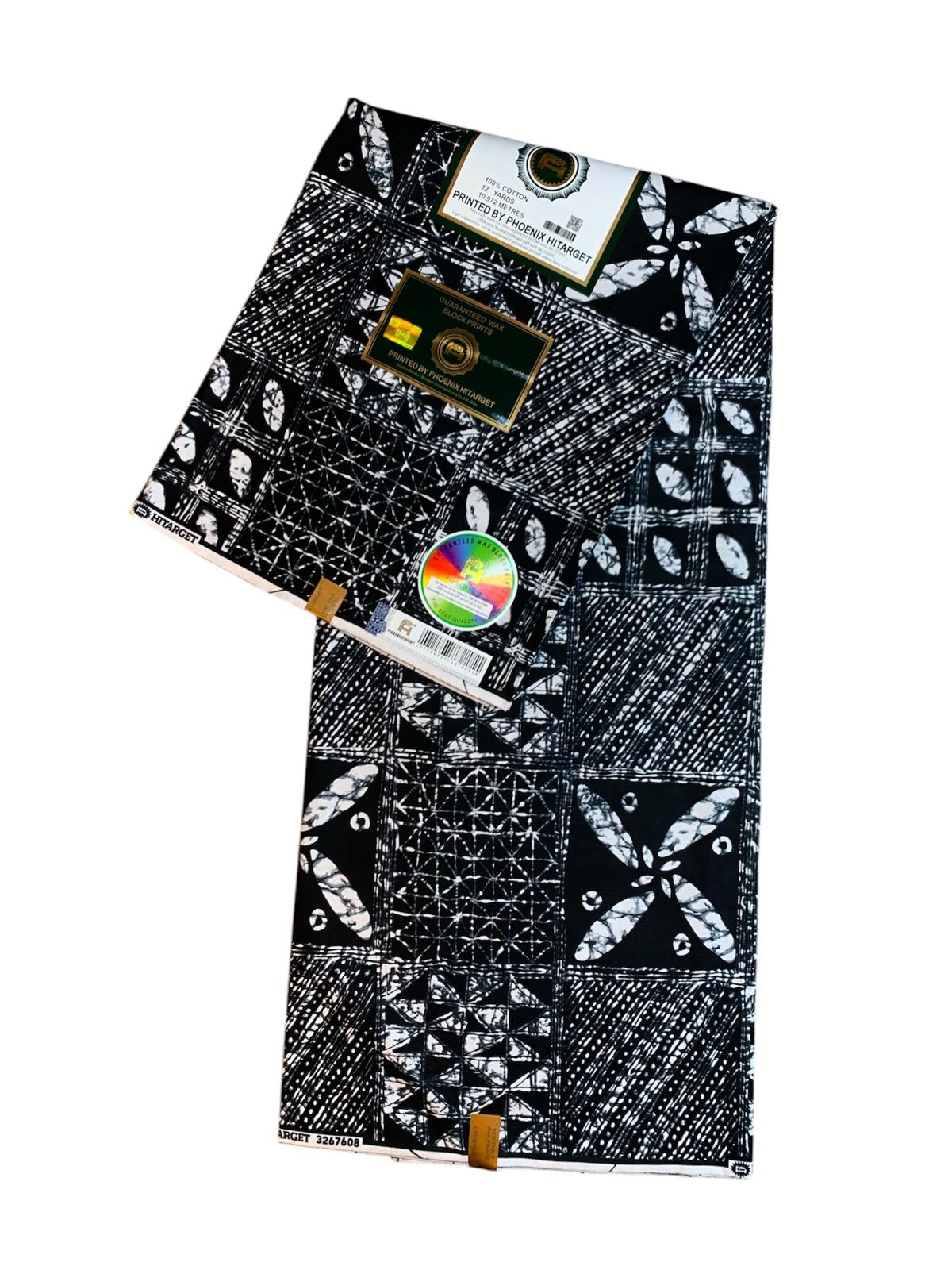 Tissus Wax Africain 100% Coton Ankara Design 6 yards Wax Hitarget Authentique motif ethnique yoruba Noir et Blanc.