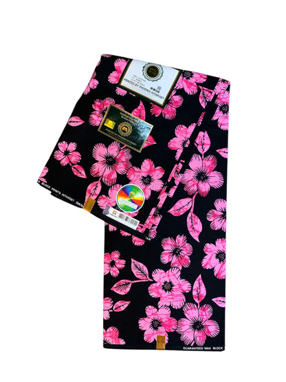 Tissus Wax Africain 100% Coton Ankara Design 6 yards Wax Hitarget Authentique motif :Fleur D'orchidée Noir et Rose