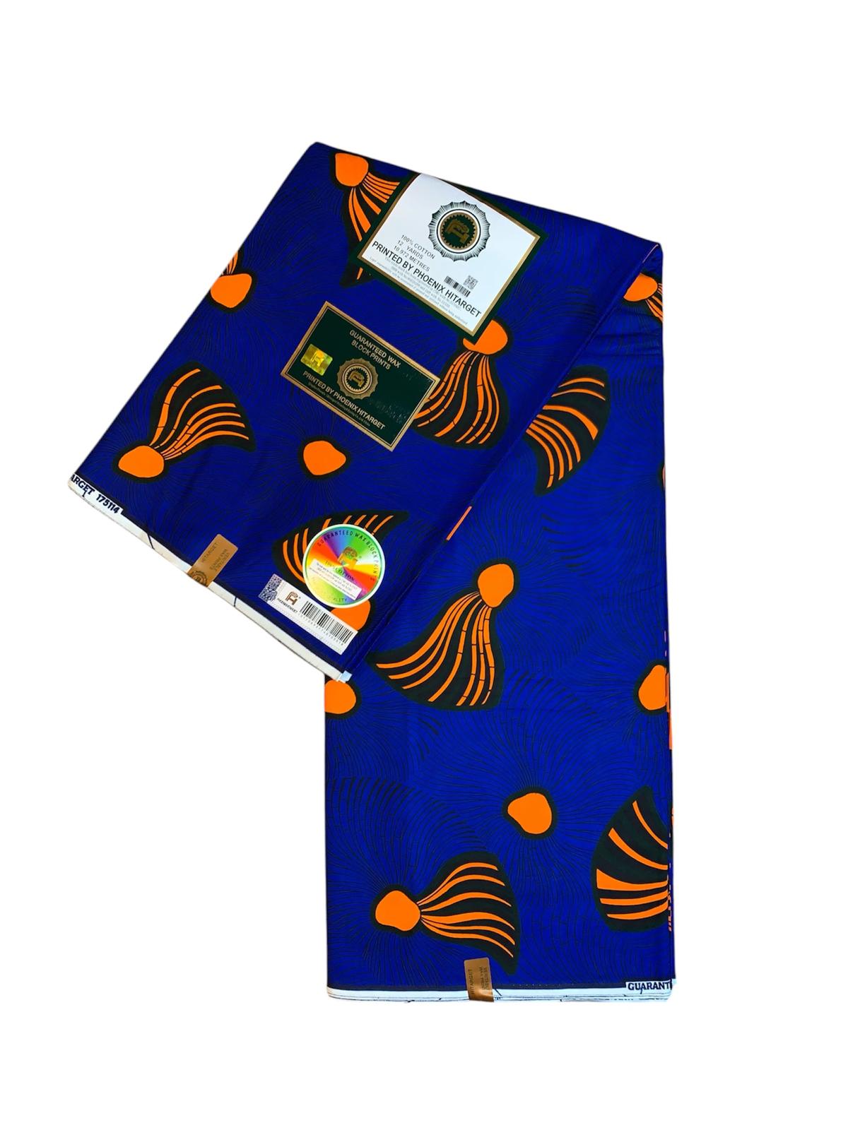 Tissus Wax Africain 100% Coton Ankara Design 6 et 12 yards Wax Hitarget Authentique motif : Balai Bleu et Orange.