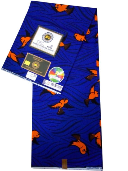 Tissus Wax Africain 100% Coton Ankara Design 12 et  6 yards Wax Hitarget Authentique motif : Oisillon Orange  Bleu