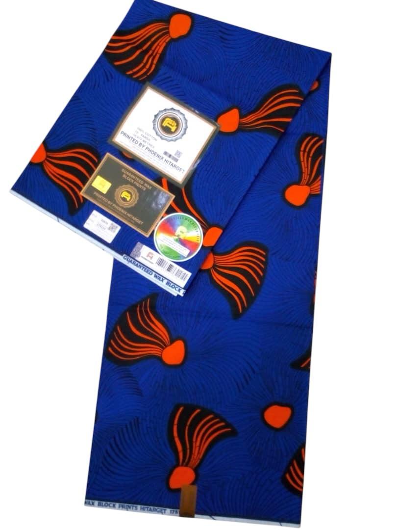 Tissus Wax Africain 100% Coton Ankara Design 6 et 12 yards Wax Hitarget Authentique motif : Balai Bleu et Orange.