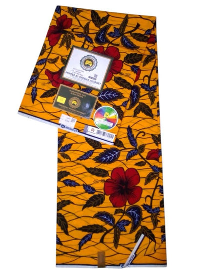 Tissus Wax Africain 100% Coton Ankara 6 yards Wax Hitarget Authentique motif : Hibiscus Rouge et Jaune