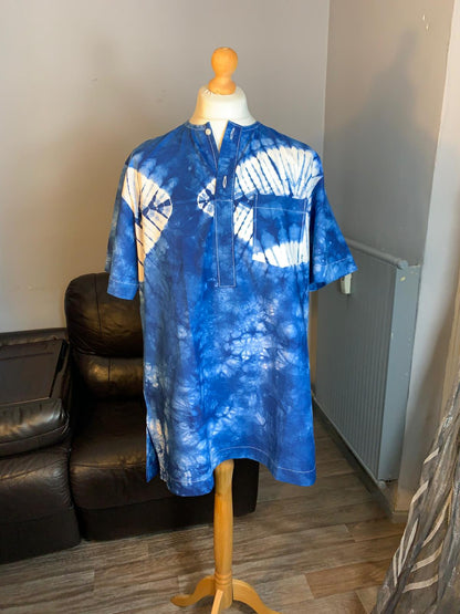 Chemises homme Indigo Bleu Clair Adire Kampala (Grandes tailles) Oversize XXL 100%Coton