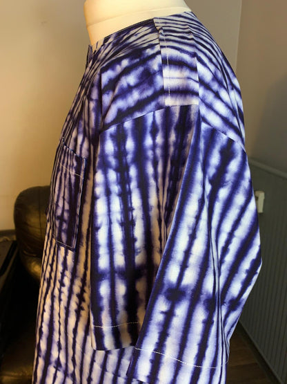 Indigo men's shirts, Batik stripes, blue white, cotton, Round neck, vintage Yoruba couture.