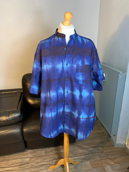 Indigo-Herrenhemd, Batik, Marineblau, Türkis, Kollektion, Stehkragen, Vintage Yoruba.