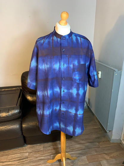 Indigo-Herrenhemd, Batik, Marineblau, Türkis, Kollektion, Stehkragen, Vintage Yoruba.