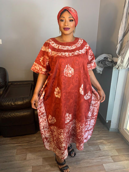 Robe Longue Bazin Batik Style Bohème a Motifs avec Foulard 100% Coton très doux design art