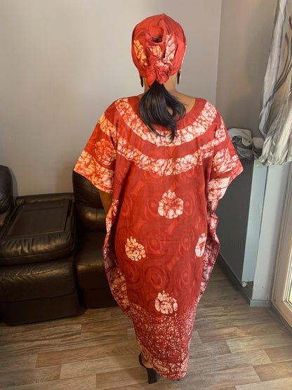Robe Longue Bazin Batik Style Bohème a Motifs avec Foulard 100% Coton très doux design art