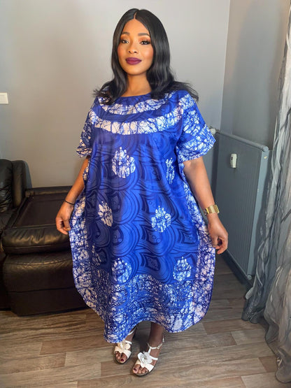 Robe Bazin Batik Bleu Roi Style Bohème a Motif, Design Motif casa samba. L'art 100% Coton très doux