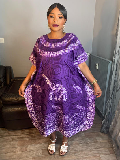 Robe Bazin Batik Style Bohème a Motifs Violet Mauve,Design Motif Éléphants L'art 100% Coton très doux.