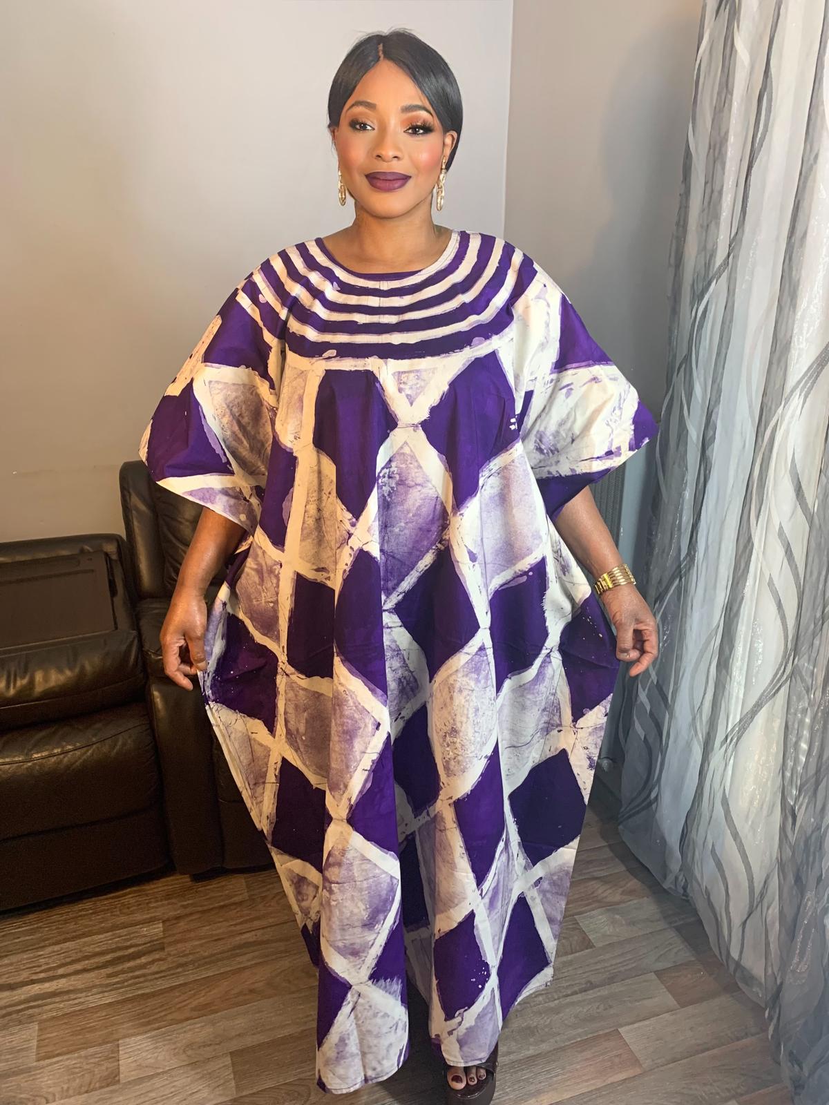 Lila Batik Adire Langes Kleid Rautenmuster Handgemachtes Design 100% Baumwolle