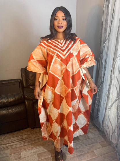 Dunkelrotes Batik-Adire-Langkleid mit Rautenmuster, handgefertigtes Design, 100 % Baumwolle