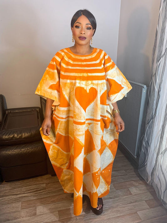 Robe Longue Batik Adire,Caftann Kaftan orange  Design Artisanale 100% Coton